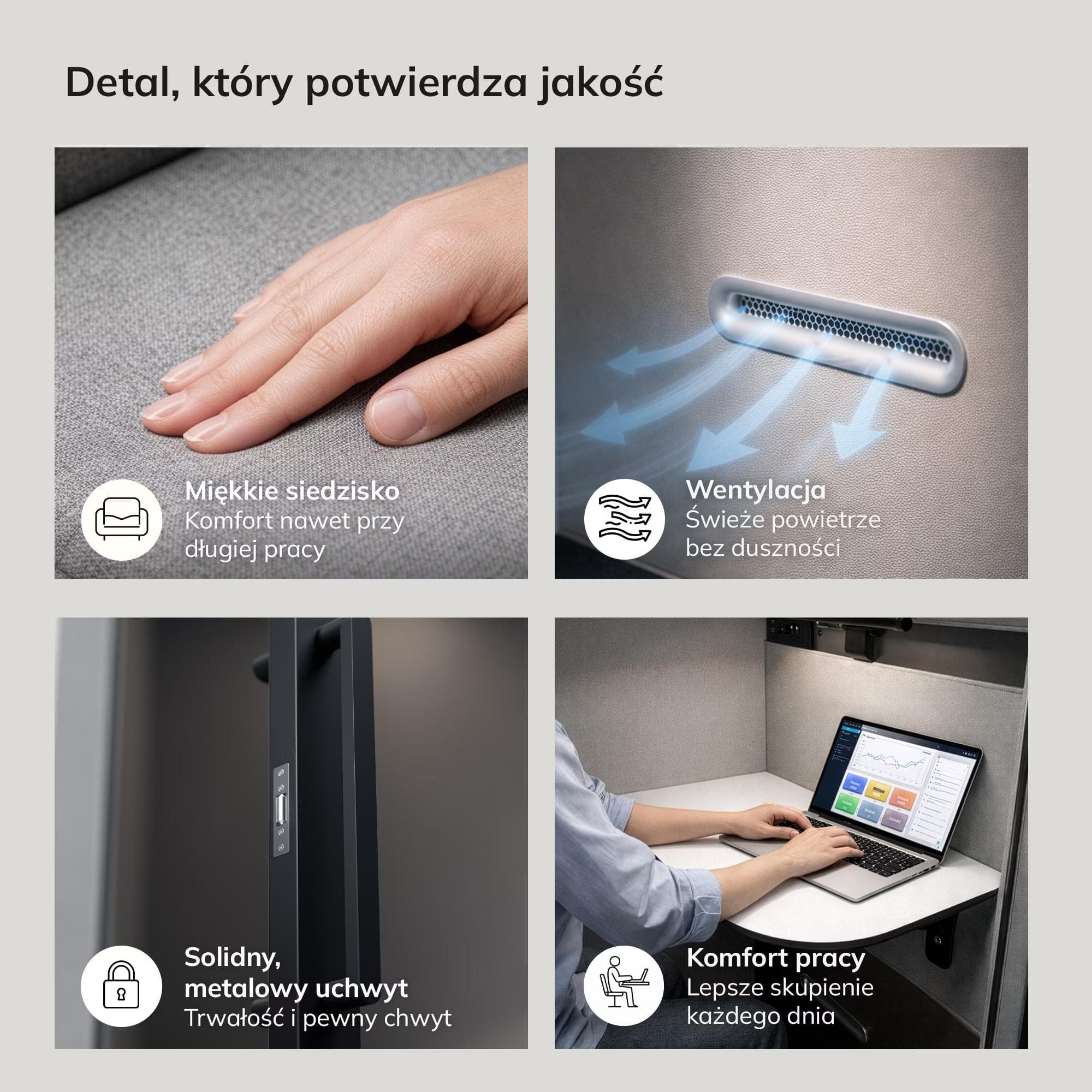 Detale Muteo L Pro: siedzisko, wentylacja, uchwyt i blat